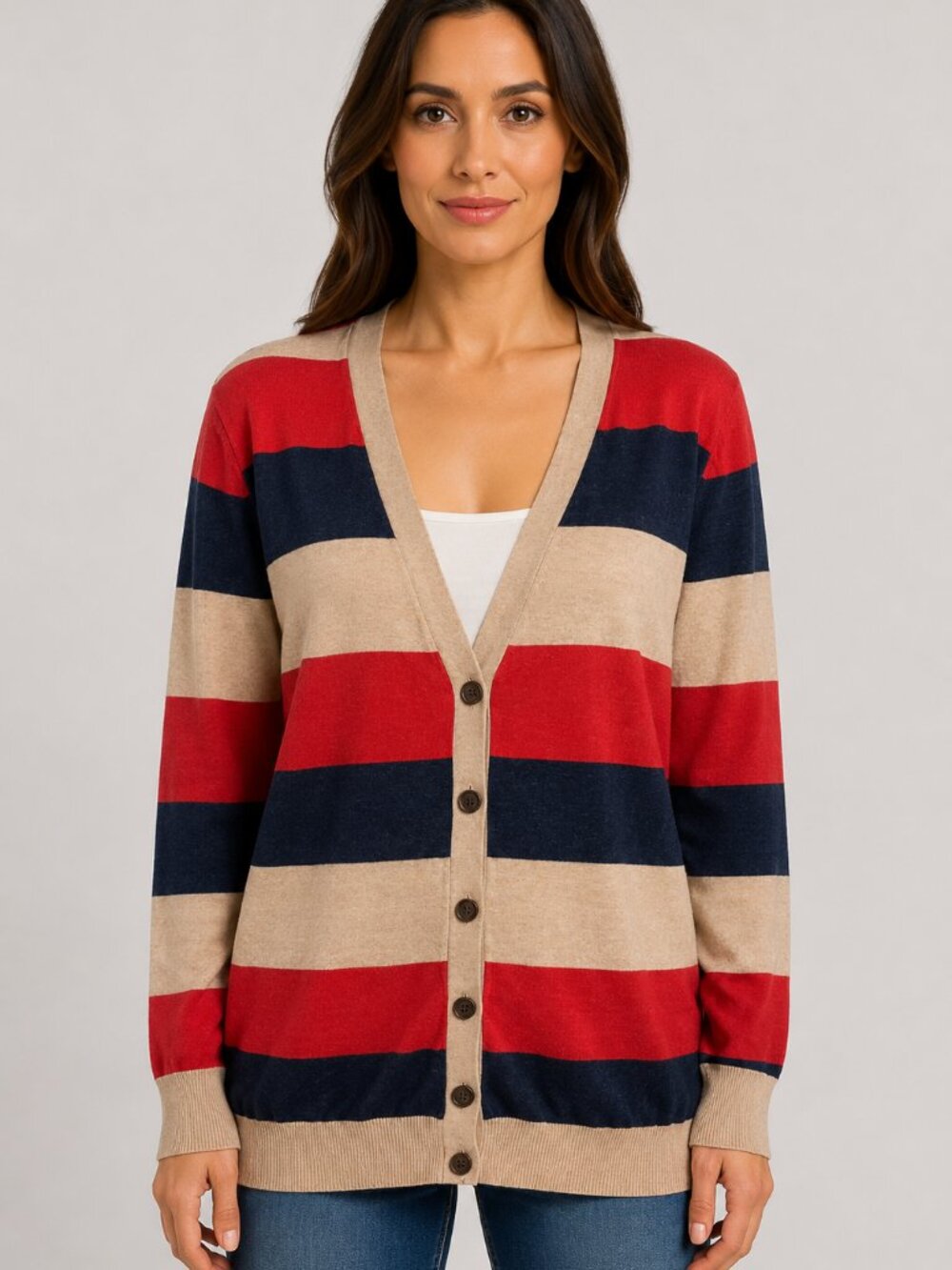 H&M Divided Striped Cotton Button Front Cardigan Sweater Red Navy Tan M